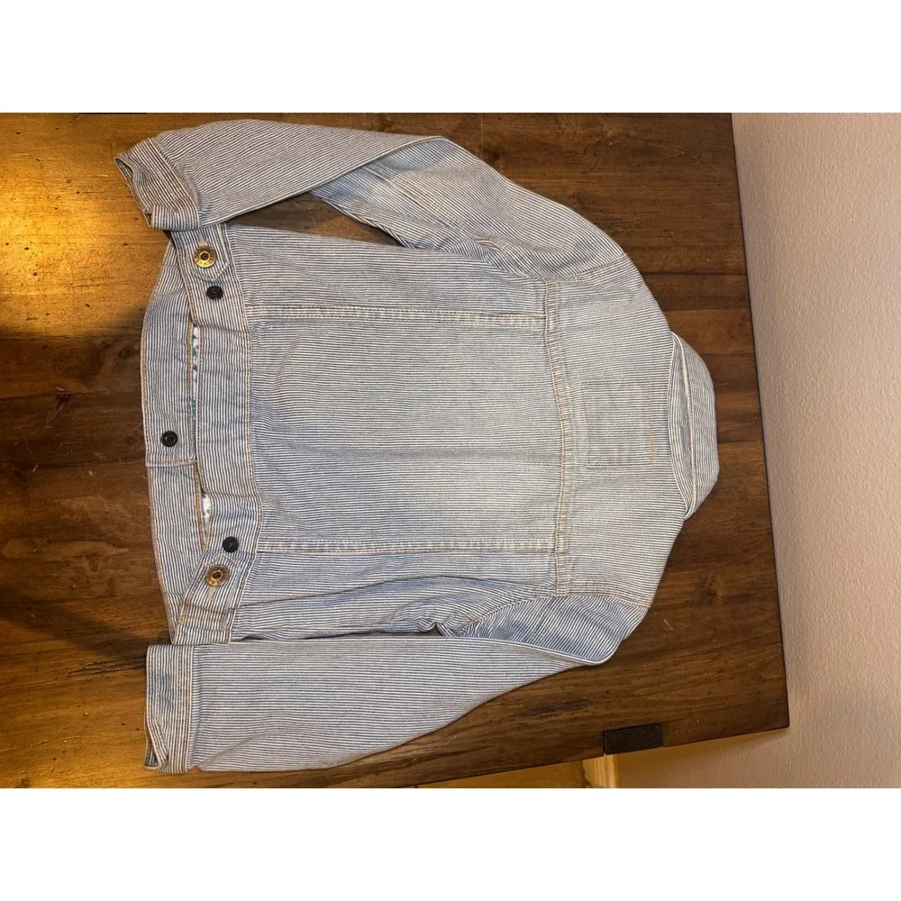 Mini Boden Kids Blue White Hickory Stripe Denim Trucker Jacket Size 5-6Y floral